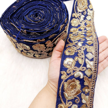 Silk Trim Gold Floral Embroidered Sequins Trim, Decorative Trim, Indian Sari Border